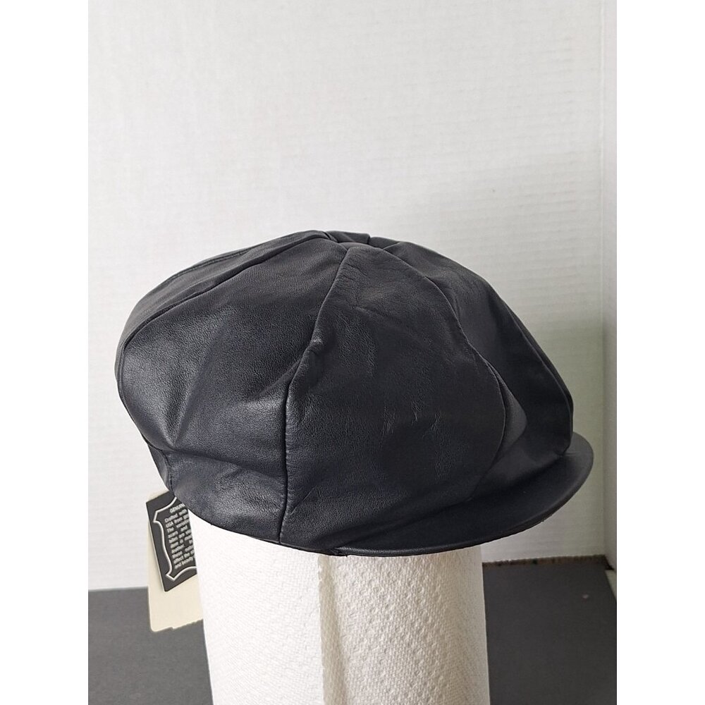 Vintage HENSCHEL HAT - Genuine Leather Biker/Newsboy, Cap black Size Small - Picture 3 of 8